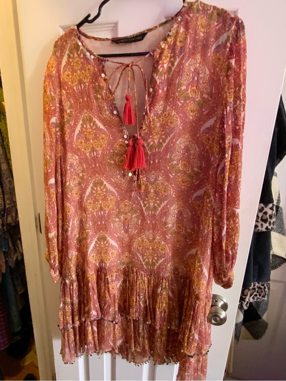 Boho Tassel-Front Floral Peasant dress- Rose Rust